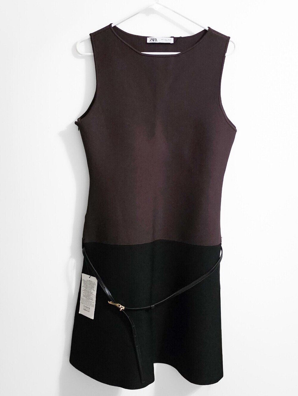 Zara Two-Tone Belted Knit Mini Dress in Brown and Black Size Large